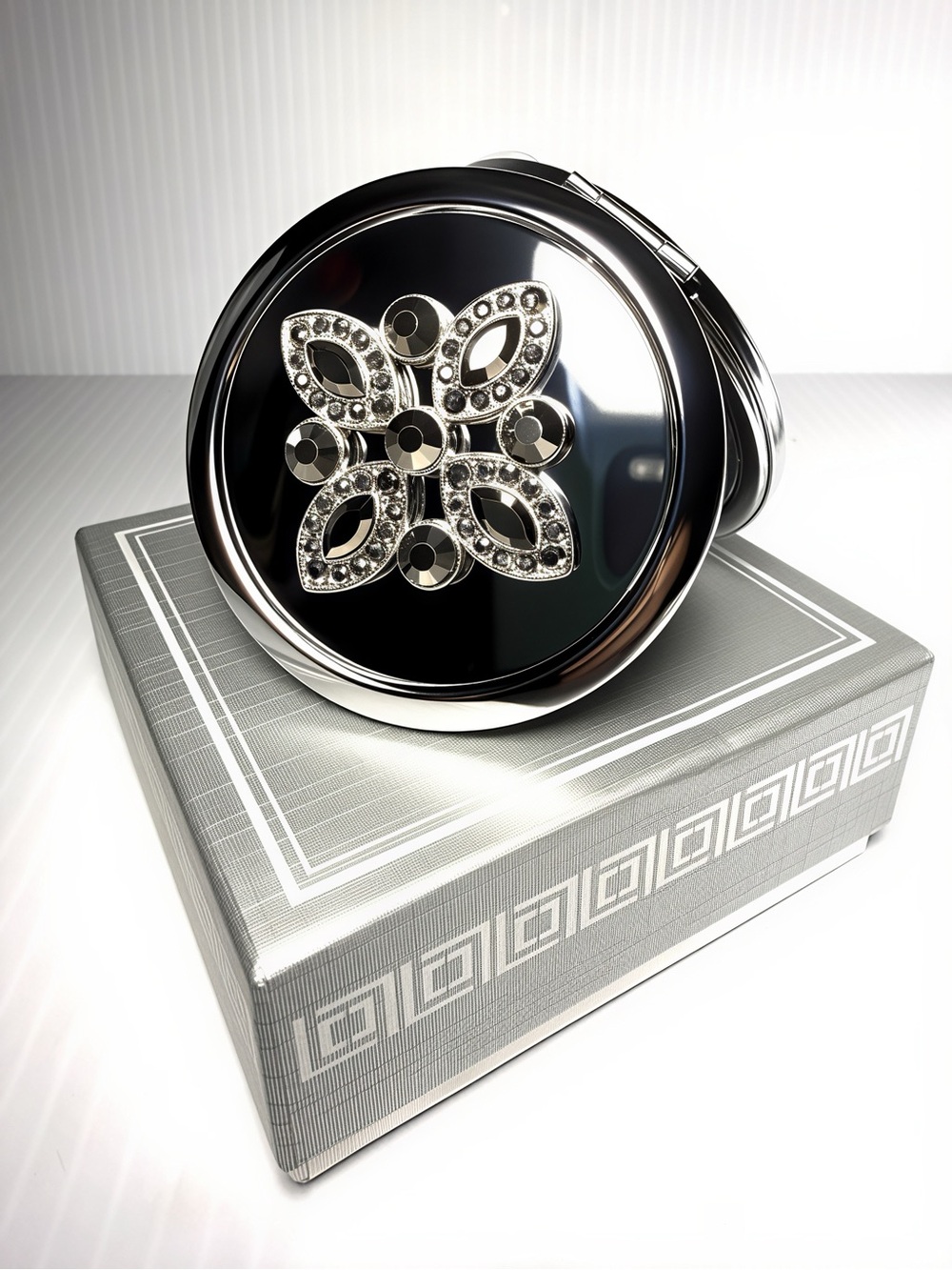 Liz Claiborne Silver Compact Mirror with Crystal Flower Accent